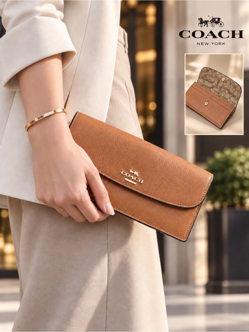 Coach New York Cognac Pebbled Leather Signature Lined Wallet
